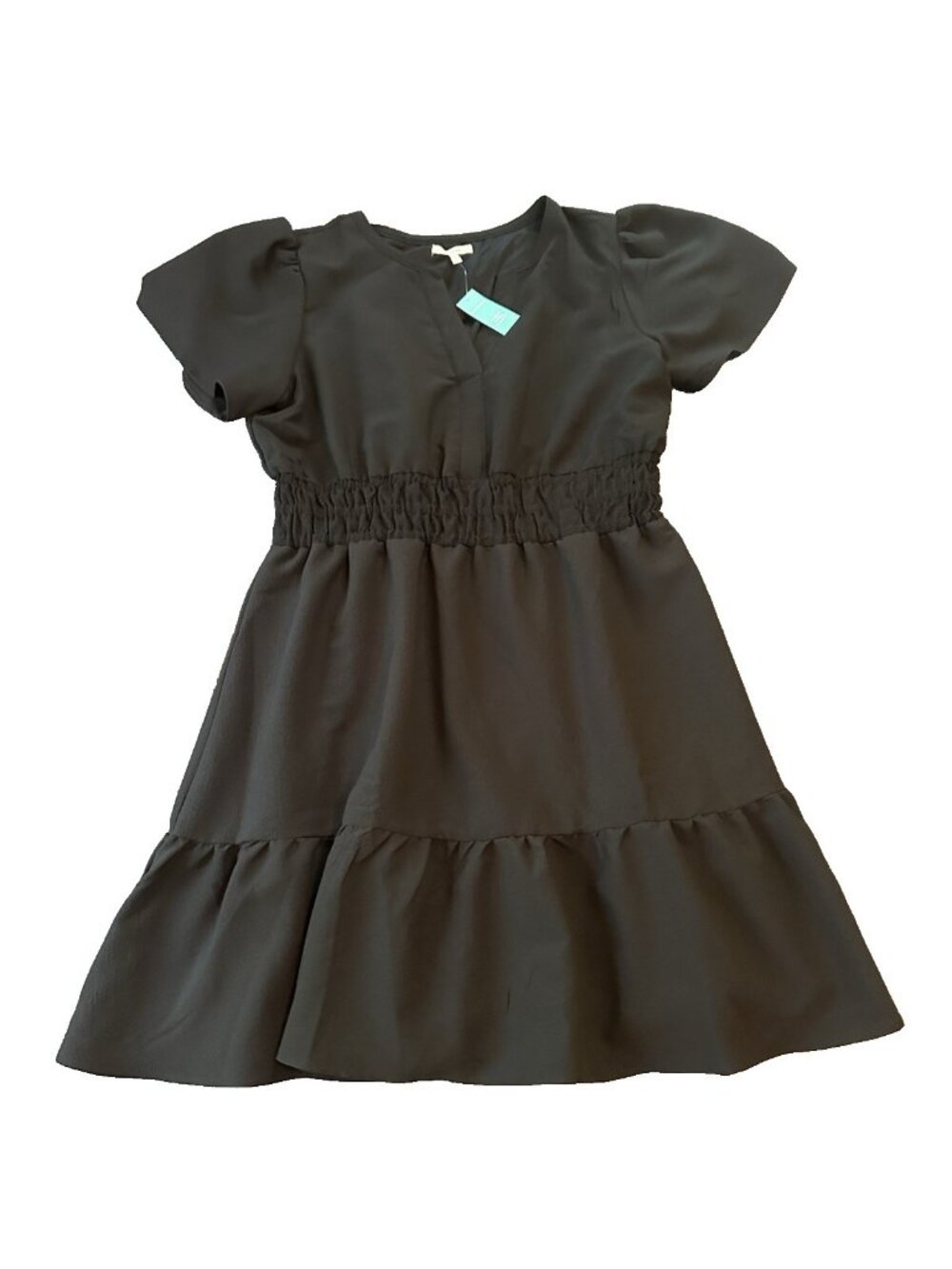 NWT Maurices Blak Puff Sleeve Smocked Waist Dress L Tiered Babydoll Boho Fairy